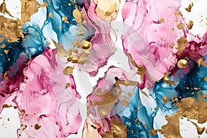 Abstract acrylic paint background. Marbling artwork texture. Golden, pink and blue colors