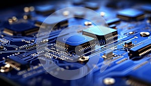 Abstract advanced micro Quantum computer communication concept artificial Intelligence or AI networking and Cloud Computing