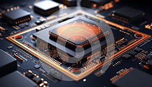 Abstract advanced micro Quantum computer communication concept artificial Intelligence or AI networking and Cloud Computing