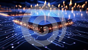 Abstract advanced micro Quantum computer communication concept artificial Intelligence or AI networking and Cloud Computing
