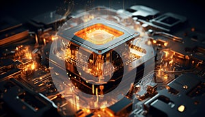 Abstract advanced micro Quantum computer communication concept artificial Intelligence or AI networking and Cloud Computing