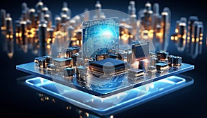 Abstract advanced micro Quantum computer communication concept artificial Intelligence or AI networking and Cloud Computing