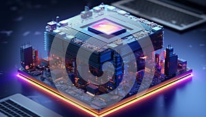 Abstract advanced micro Quantum computer communication concept artificial Intelligence or AI networking and Cloud Computing