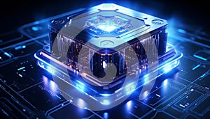 Abstract advanced micro Quantum computer communication concept artificial Intelligence or AI networking and Cloud Computing