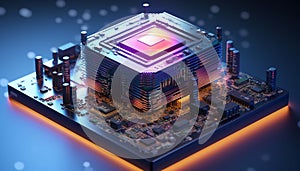 Abstract advanced micro Quantum computer communication concept artificial Intelligence or AI networking and Cloud Computing