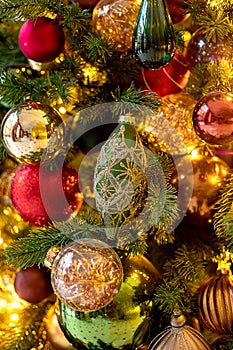 Abstract Advent Background - Christmas Tree Decoration With Ornament And Defocused Lights.