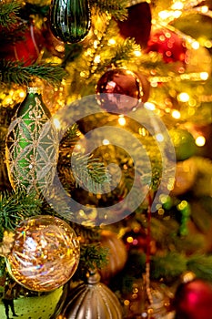 Abstract Advent Background - Christmas Tree Decoration With Ornament And Defocused Lights.