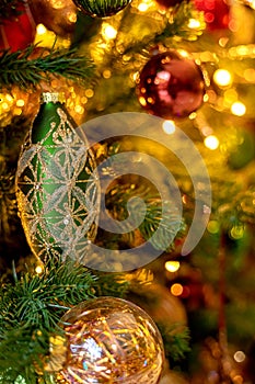 Abstract Advent Background - Christmas Tree Decoration With Ornament And Defocused Lights.