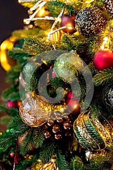 Abstract Advent Background - Christmas Tree Decoration With Ornament And Defocused Lights.