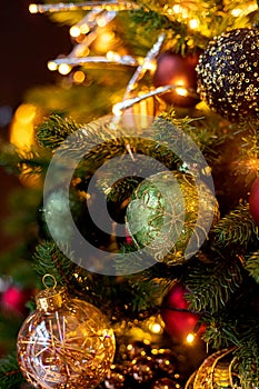 Abstract Advent Background - Christmas Tree Decoration With Ornament And Defocused Lights.