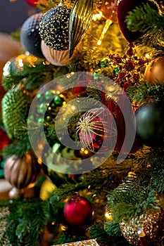 Abstract Advent Background - Christmas Tree Decoration With Ornament And Defocused Lights.