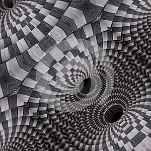 Abstract aechitecture with black and white bricks, doors and arches