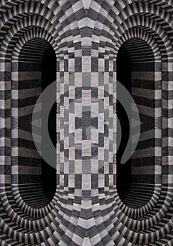 Abstract aechitecture with black and white bricks, doors and arches