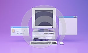 Abstract aesthetic background with 90s style system message windows, old vintage computer,