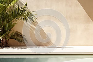 Abstract aesthetic summer background - pool water and concrete wall with the shadow of palm tree. Generative AI