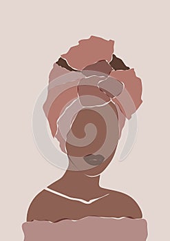 Abstract African woman portrait in minimalistic style. Black women print. Female wall art poster. African model girl of turban