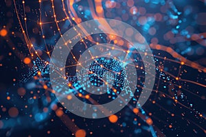 Abstract AI algorithm background with futuristic neural networks and data flow.