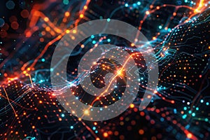 Abstract AI algorithm background with futuristic neural networks and data flow.