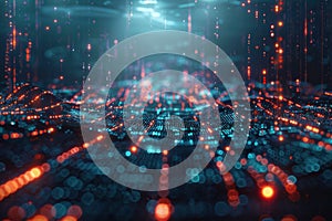 Abstract AI algorithm background with neural networks, data, and digital code..