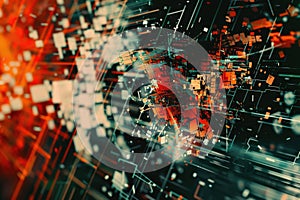 Abstract AI algorithm background with neural networks, data, and digital code..