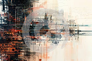 Abstract AI algorithm background with neural networks, data, and digital code..