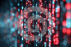 Abstract AI encryption concept with binary code patterns in red and blue