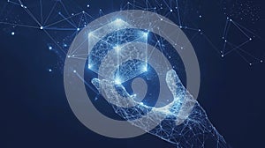Abstract AI hand processing big data using binary code and algorithms in a futuristic background