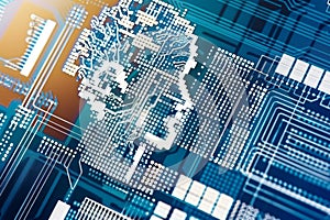 Abstract ai representation digital face merging into binary code and neural patterns