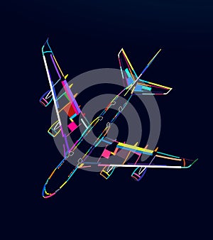Abstract airplane, passenger plane top view, commercial aircraft from multicolored paints