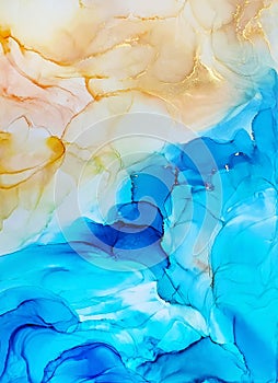Abstract alcohol ink art hand drawing background in blue and yellow