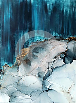 Abstract alcohol ink art and oil painting on canvas with golden details