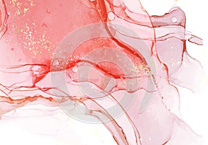 Abstract alcohol ink pastel coral pink color paint with pastel golg texture background. Fluid creative concept composition with photo