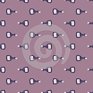 Abstract alcohol seamless pattern with little purple rum bottles shapes. Pastel lilac background. Bar menu print