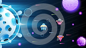 Abstract Aliens On Flying Saucers In Dark Space Planet Background Gradient Unidentified Flying Object Ufo Stars Vector Design