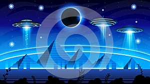 Abstract Aliens On Flying Saucers In Dark Space Planet Trees Background Gradient Unidentified Flying Object Ufo Stars Vector