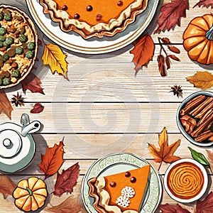 Abstract all sides dishes, pumpkin pie, fall leaves and seasonal autumnal decor on wooden background on digital art concept,