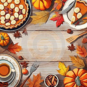 Abstract all sides dishes, pumpkin pie, fall leaves and seasonal autumnal decor on wooden background on digital art concept,