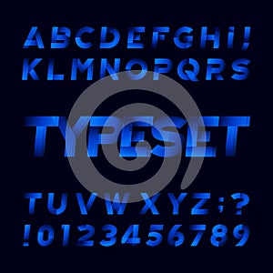 Abstract alphabet font. Oblique type letters and numbers. Black background.