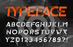 Abstract alphabet font. Speed effect oblique letters and numbers. Dark polygonal background.