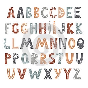 Abstract alphabet in Scandinavian style. Several letters variants to make better choice. Kids font for home decor, wall