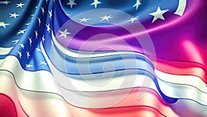 Abstract American background with wave bright USA flag colors with small white stars