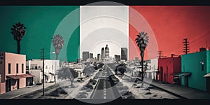 Abstract American city in Mexican flag colors. Cinco de Mayo concept, Mexicans living in United States.
