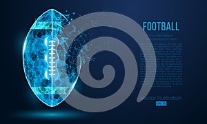 Abstract American football ball from particles, lines and triangles on blue background. Cyber technology rugby. Vector