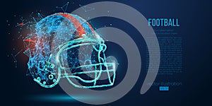 Abstract American football helmet from particles, lines and triangles on blue background. Rugby. Vector illustration