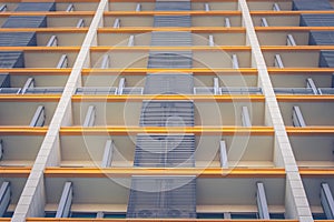 Abstract angle bottom view of front side of residential architecture buildings.