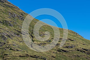 Abstract Angled View of a Rugged Highland Hillside with Cloudless Blue Sky