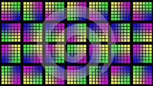 Abstract animated background in multicolor grid pattern - brightening from back via light bars in movement