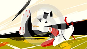 Abstract animated silhouette of a male football player frozen in a jump to hit the ball. Motion. Details of a sports
