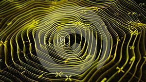 Abstract animation of digital surface map. Animation. Neon gemetric map of oscillating surface with oval markings and photo