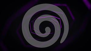 Abstract animation of geometric swirling neon spiral on black background. Animation. 3D polygonal shape of neon tunnel